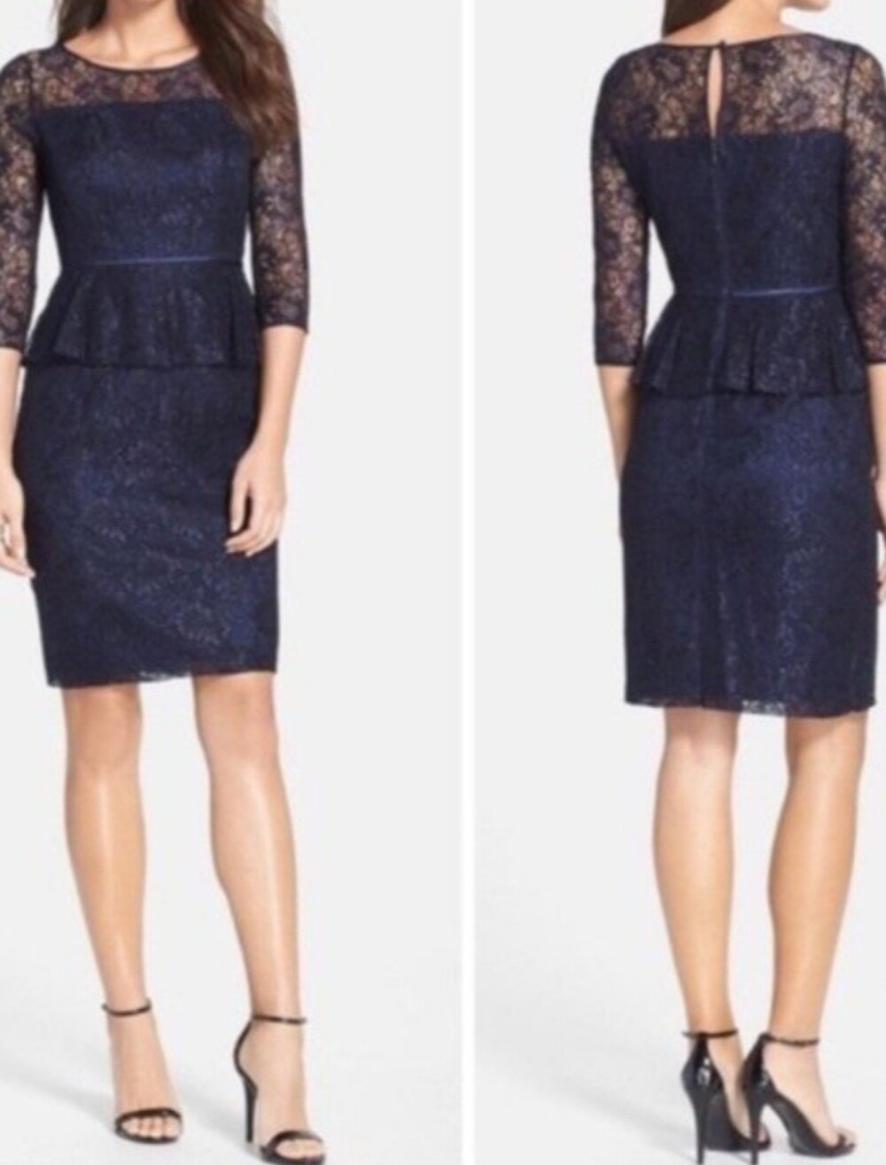 Adrianna Papell Navy Lace Peplum Midi Dress. NWOT. Size 14